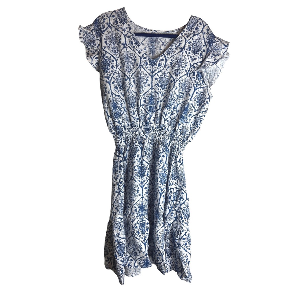 Blue White Damask Tile Print 100% Linen V-Neck Smocked Waist Ruffle Dress